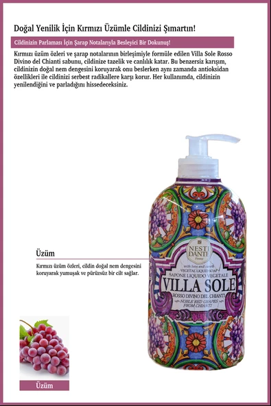 Nesti Dante Villa Sole Rosso Divino Del Chianti Sıvı Sabun 500ml l Antiflamatuar ve Antioksidan l Üzüm Özü - Resim 3