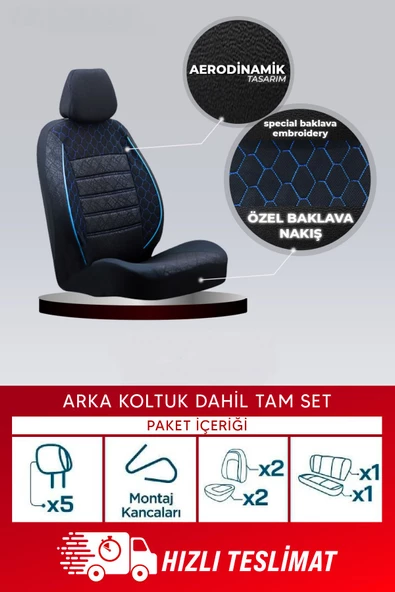 SMRAUTOACCESSORY  Fiat Fiorino Uyumlu Gof Oto Koltuk Kılıfı Siyah-mavi Dikişli Tam Set - Resim 4