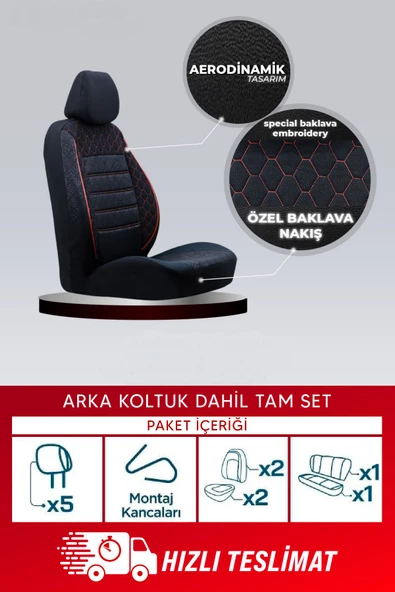 SMRAUTOACCESSORY  Fiat Uno Uyumlu Gof Oto Koltuk Kılıfı Siyah-kırmızı Dikişli Tam Set - Resim 3