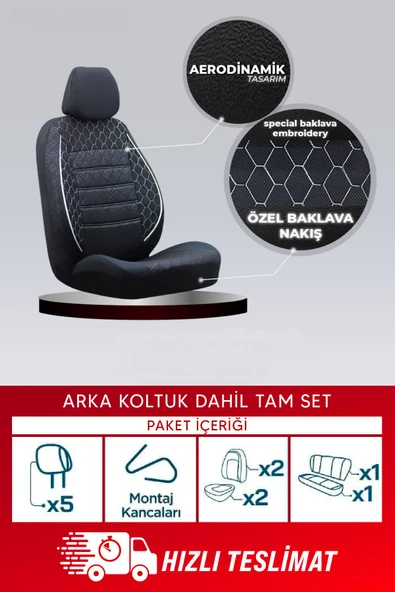SMRAUTOACCESSORY  Hyundai Getz Uyumlu Universal Gof Oto Koltuk Kılıfı Siyah-beyaz Dikişli Tam Set - Resim 3