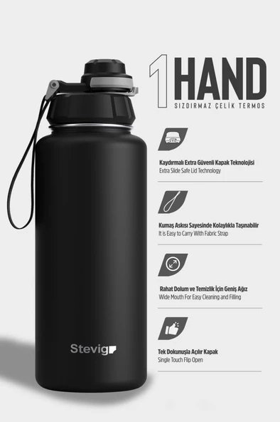 Stevig 1 Hand Leak-Proof Sızdırmaz Çelik Termos 1000 Ml Black ST-210 - 2