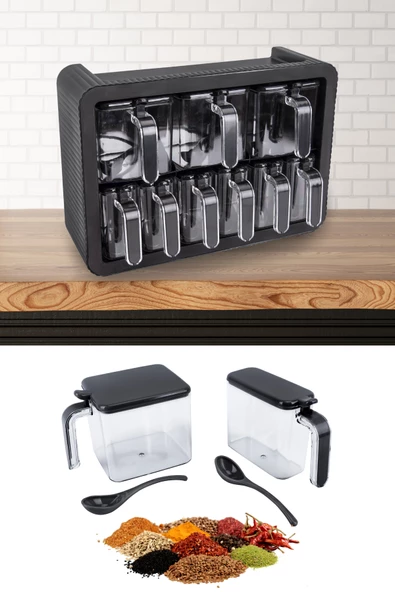 Standlı Kaşıklı Kapaklı 9lu Baharatlık Seti, Kendinden Yapışkanlı Siyah Baharat Takımı (3x600ml, 6x300ml) ürün görseli 1