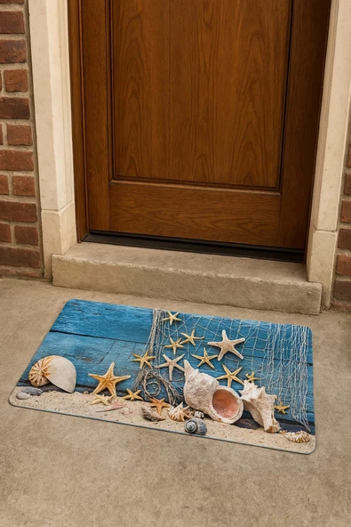 Esnature Deniz Kumsal Deniz Yıldızlı Mavi Kapı Önü Paspası 45x70 Cm