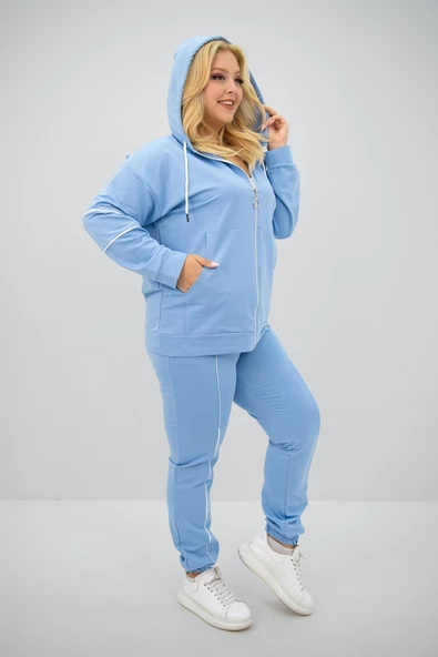 Kadın Büyük Beden Kapüşonlu Fermuar Detaylı Eşofman Takımı 8130-25 - 8