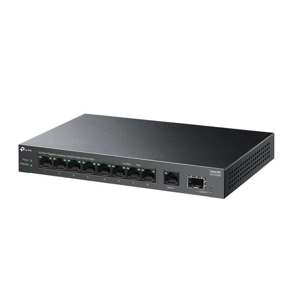 TP-LINK LS1210GP 8 PORT GIGABIT + 1XRJ45/1XSFP UPLINK 61W 250 METRE POE MESAFE METAL KASA ürün görseli