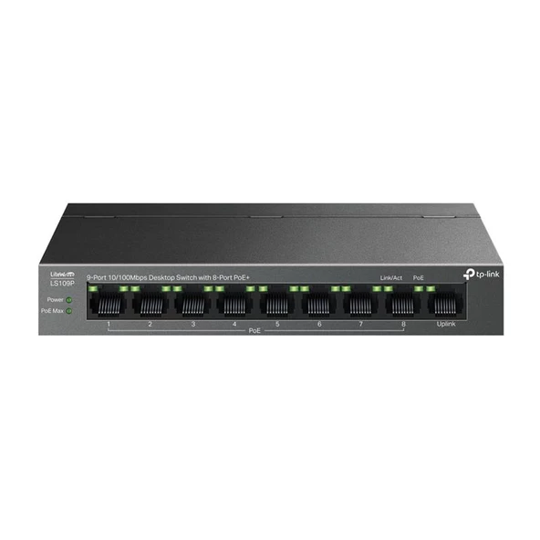 TP-LINK LS109P 8 PORT 10/100 +1 PORT RJ45 UPLINK 63W 250 METRE POE MESAFE METAL KASA SWITCH - Resim 2