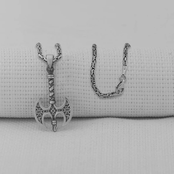 Çift Taraflı Balta Tasarımlı Kalın 925 Ayar Gümüş Kolye - Resim 2