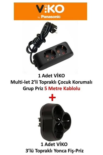 VİKO Viko Siyah Set Multi-Let 2'Li Topraklı Çocuk Korumalı Grup Priz -5 Metre + 3'Lü Yonca Fiş-Priz - 2