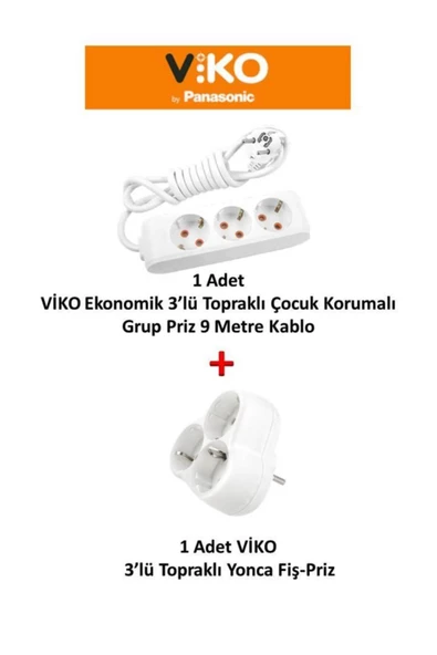 VİKO Ekonomik 3'lü Grup Priz Topraklı Çocuk Korumalı 9 Metre + Yonca 3'lü Fiş-priz - 2