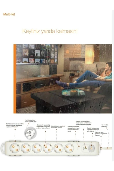 VİKO Multilet Şok ( Akım ) Korumalı Grup Priz Altılı Anahtarlı 1.5 Mt - 4