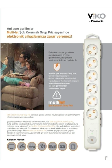 VİKO Multilet Şok ( Akım ) Korumalı Grup Priz Altılı Anahtarlı 1.5 Mt - 2