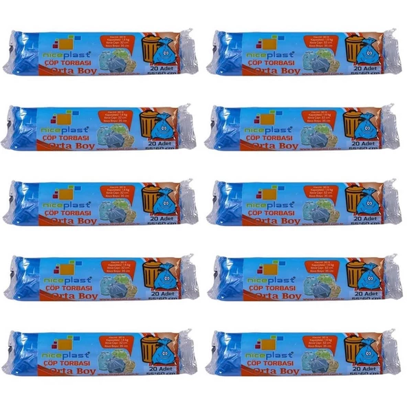 Niceplast Mavi Orta Boy 55x60 Cm. 30 Litre Çöp Torbası Poşeti - 20 Adetlik 10 Rulo