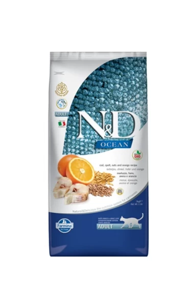 N&D Ocean Düşük Tahıllı Morina Balıklı Ve Portakallı Yetişkin Kedi Maması 10 Kg 8010276024916