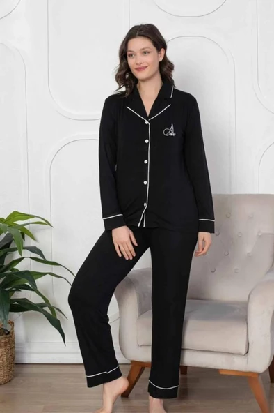 Alimer 2782 Siyah Önden Düğmeli Lohusa Pijama Tk - 4