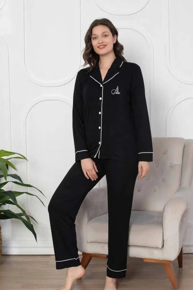 Alimer 2782 Siyah Önden Düğmeli Lohusa Pijama Tk - 2