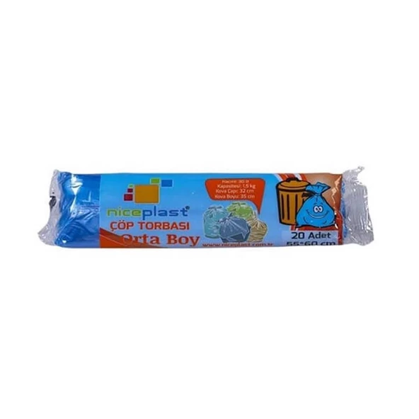 Niceplast Mavi Orta Boy 55x60 Cm. 30 Litre Çöp Torbası Poşeti - 20 Adetlik 3 Rulo - 2