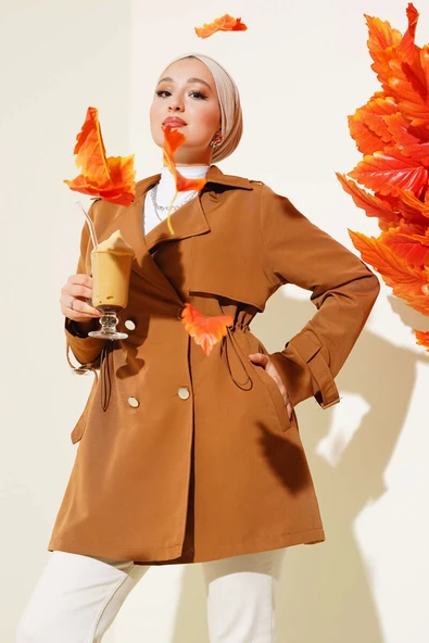 Bel Tünelli Kısa Trençkot Taba ürün görseli 1