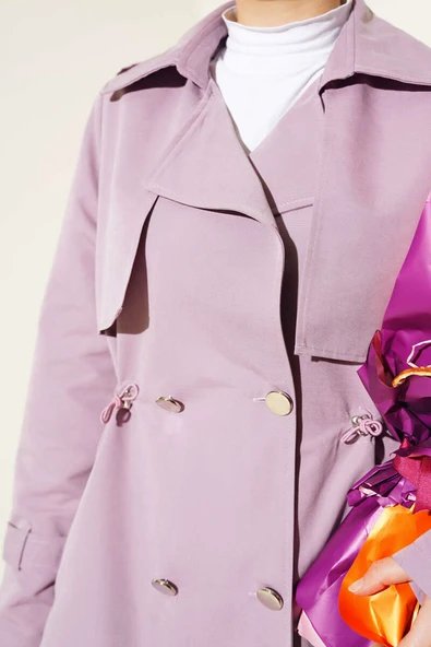 Bel Tünelli Kısa Trençkot Lila - Resim 4