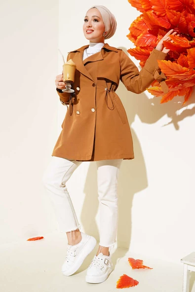 Bel Tünelli Kısa Trençkot Taba - Resim 2