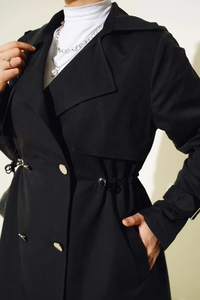 Bel Tünelli Kısa Trençkot Siyah - Resim 4