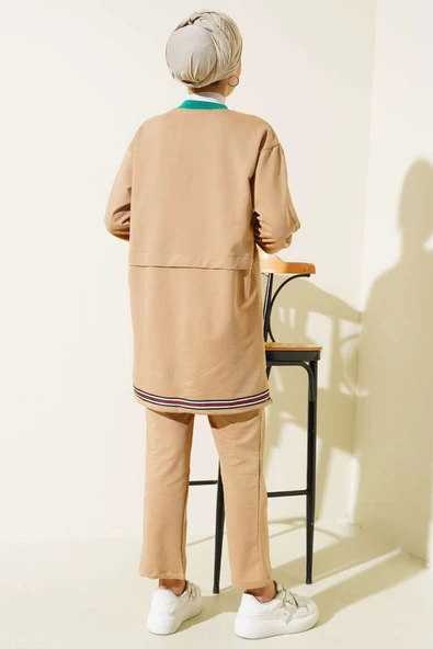 Yaka Ribanalı Fermuarlı İkili Takım Camel - Resim 3