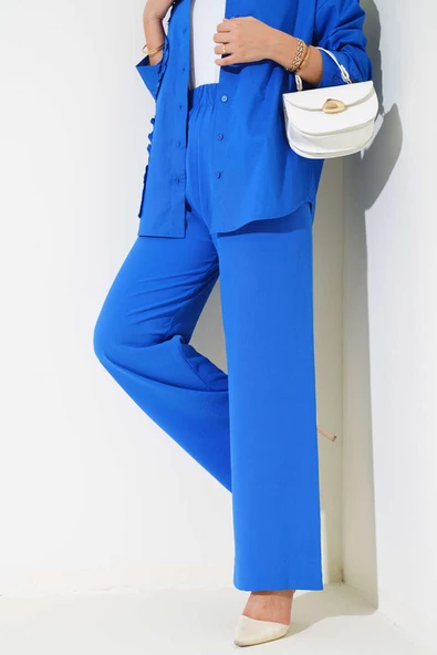Geniş Paça Beli Lastikli Pantolon Saks - 1