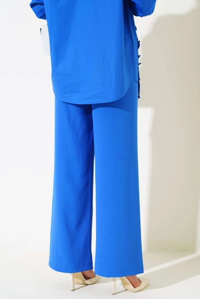Geniş Paça Beli Lastikli Pantolon Saks - 3