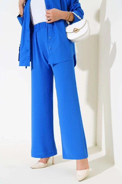 Geniş Paça Beli Lastikli Pantolon Saks - 2