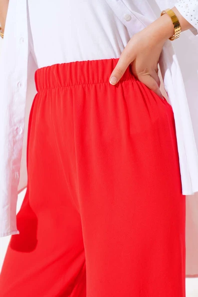 Geniş Paça Beli Lastikli Pantolon Kırmızı - 4