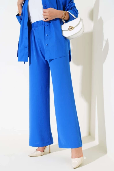Geniş Paça Beli Lastikli Pantolon Saks - 2