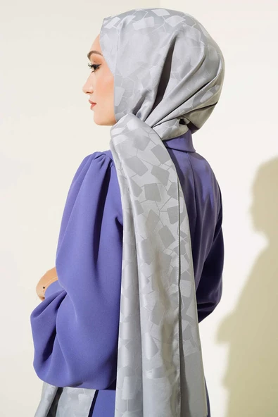 Asimetrik Desen Jakar Şal Gri - 63 - Resim 3