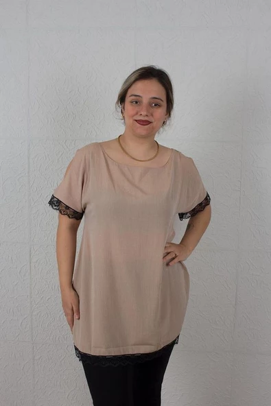 Büyük Beden Dokuma Omuz Detaylı Bluz Açık Kahve T001