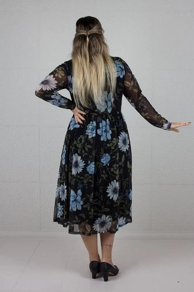 Büyük Beden Kadın Giyim Tül Içi Astarlı Elbise Desenli E608 - 4