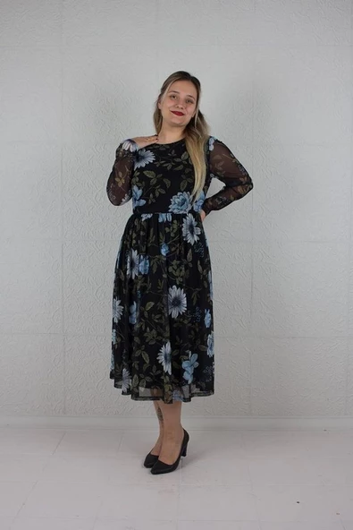 Büyük Beden Kadın Giyim Tül Içi Astarlı Elbise Desenli E608 - 2