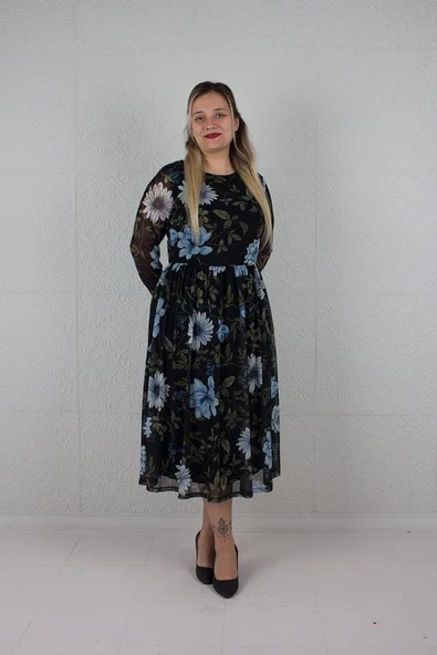 Büyük Beden Kadın Giyim Tül Içi Astarlı Elbise Desenli E608 - 3