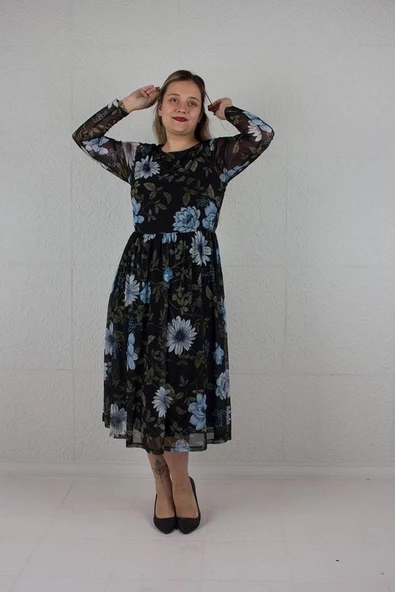 Büyük Beden Kadın Giyim Tül Içi Astarlı Elbise Desenli E608 - 5