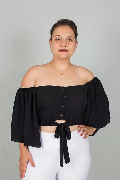 Büyük Beden Kadın Giyim Geniş Kollu Beli Lastik ve Büzgülü Crop Siyah Bluz - 2