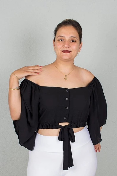 Büyük Beden Kadın Giyim Geniş Kollu Beli Lastik ve Büzgülü Crop Siyah Bluz - 3