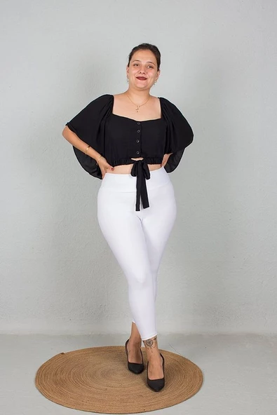 Büyük Beden Kadın Giyim Geniş Kollu Beli Lastik ve Büzgülü Crop Siyah Bluz - 6