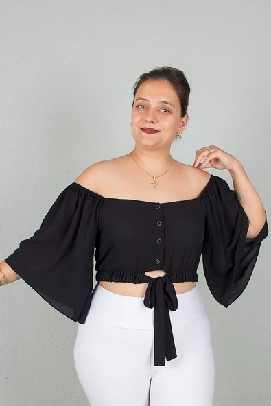 Büyük Beden Kadın Giyim Geniş Kollu Beli Lastik ve Büzgülü Crop Siyah Bluz - 4