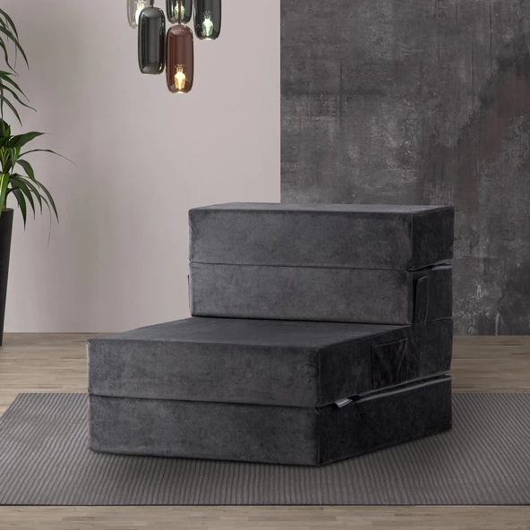 Valeria Kadife Katlanır Yatak Olabilen Tek Kişilik Koltuk Antrasit Tek