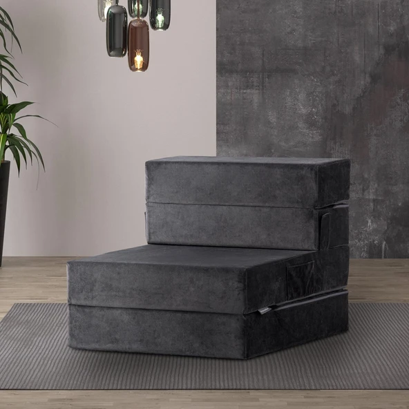 Valeria Kadife Katlanır Yatak Olabilen Tek Kişilik Koltuk Açık Gri Tek - 7