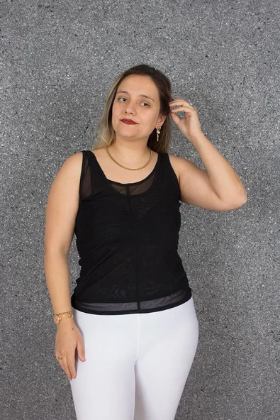 Büyük Beden Astarlı Kolsuz Tül Bluz Siyah B078