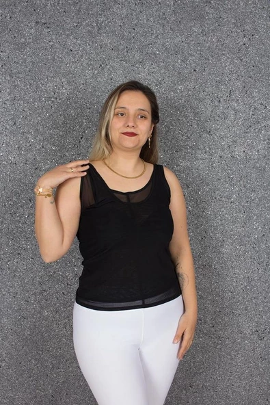 Büyük Beden Astarlı Kolsuz Tül Bluz Siyah B078 - 5