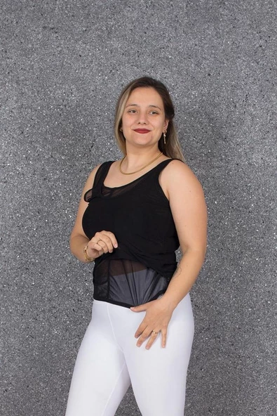 Büyük Beden Astarlı Kolsuz Tül Bluz Siyah B078 - 2