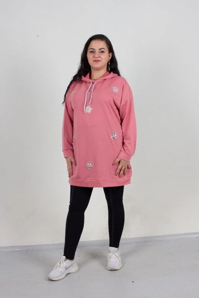 Büyük Beden Taş Detaylı Kapşonlu Tunik Sweat Pembe - 2