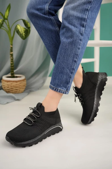 Kadın Bağcıklı Taşlı Triko Kadın Sneaker - 9