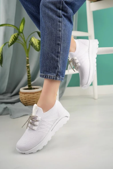 Kadın Bağcıklı Taşlı Triko Kadın Sneaker