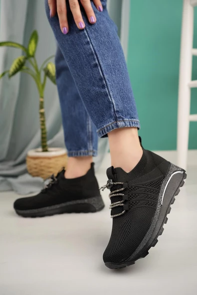 Kadın Bağcıklı Taşlı Triko Kadın Sneaker - 8