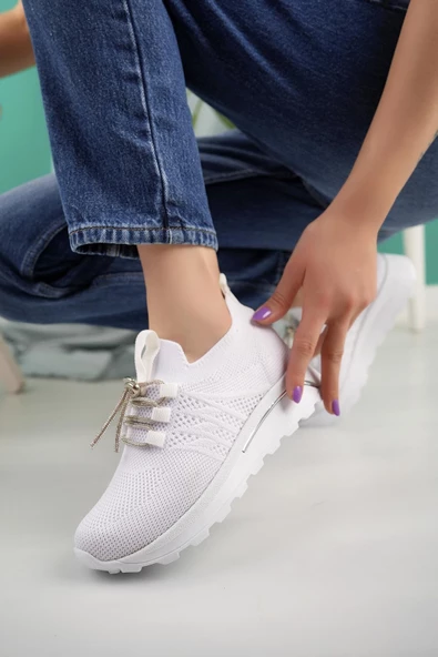 Kadın Bağcıklı Taşlı Triko Kadın Sneaker - 2